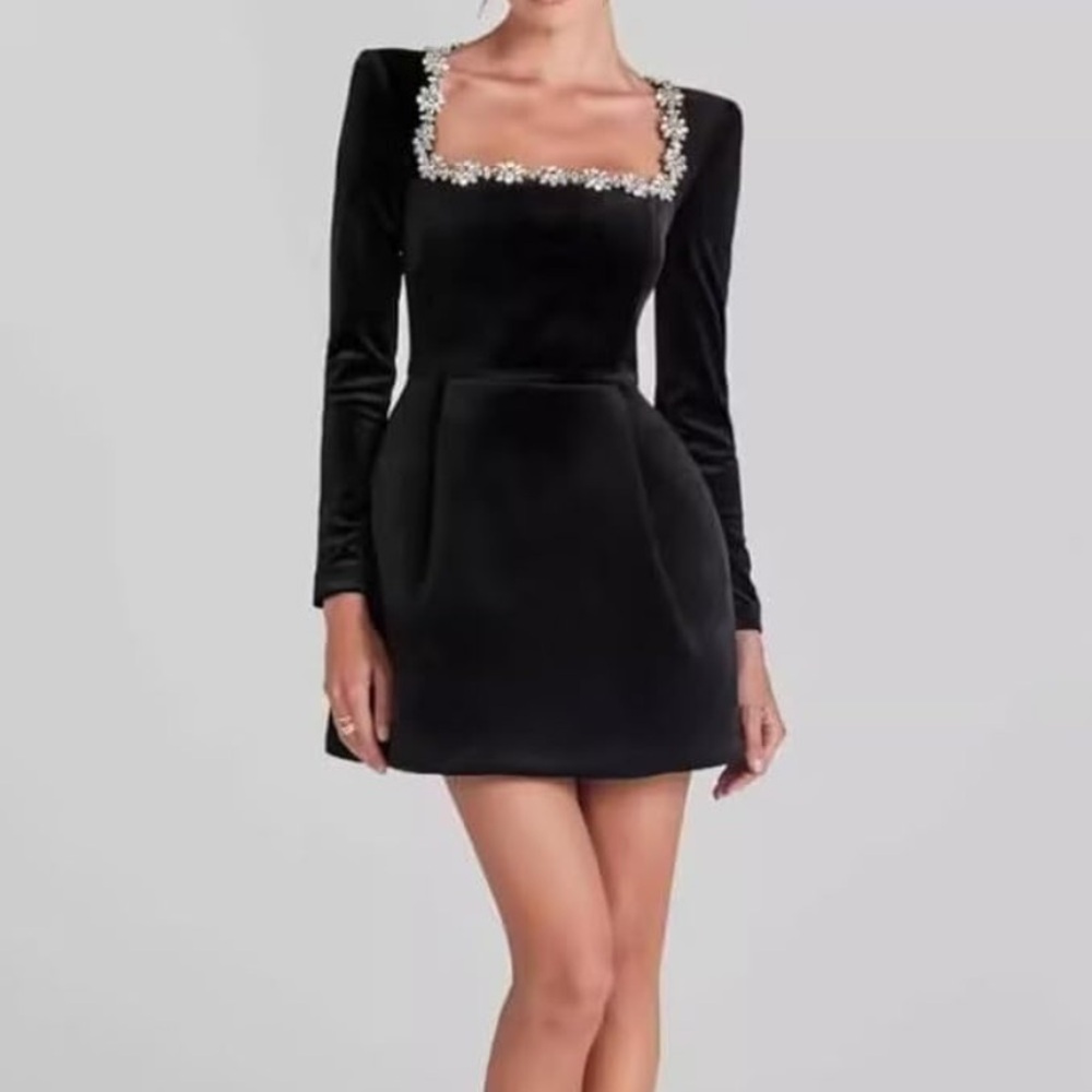 NADINE MERABI Black Dress with Floral Embellishments - Picture 2 of 4